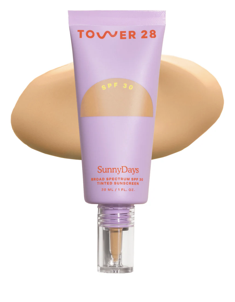 Tower 28 SunnyDays SPF 30 Tinted Sunscreen in a vibrant purple tube.